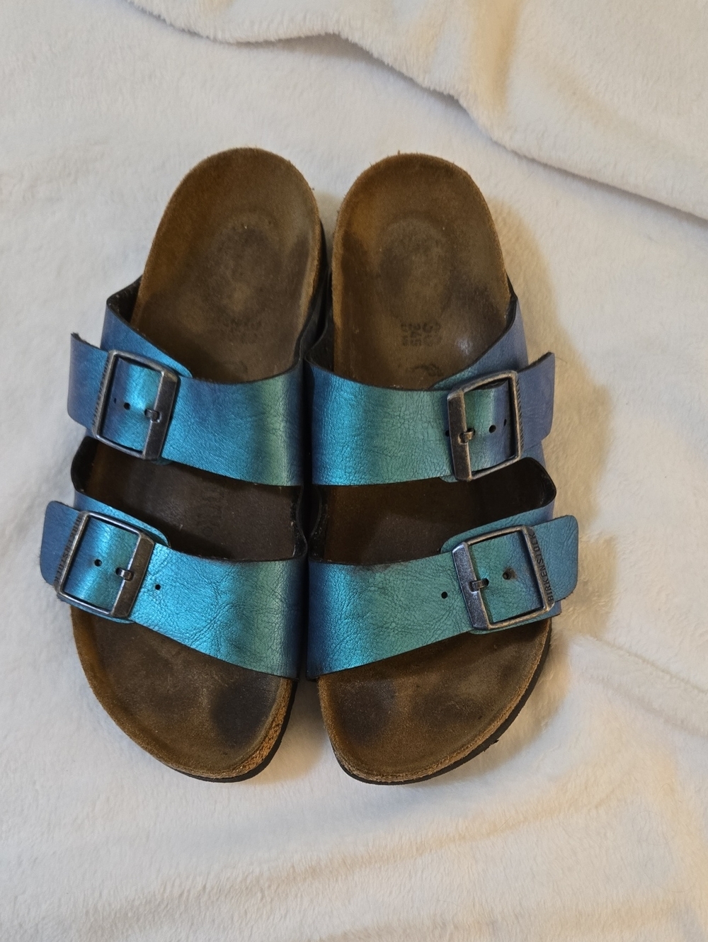 Birkenstock Metallic Teal Double Buckle Sandals